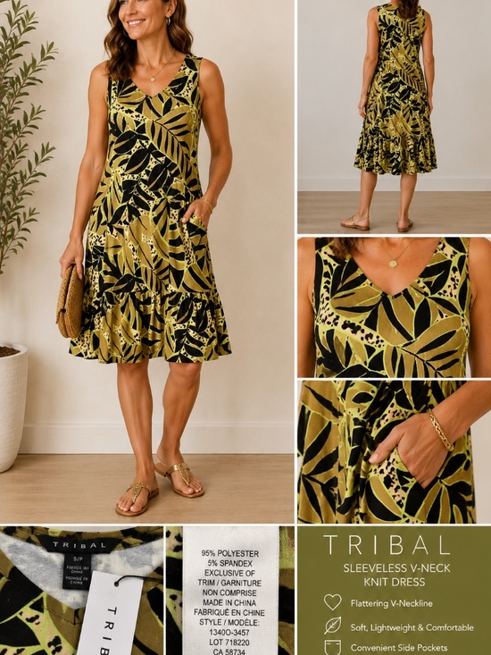 Tribal Dresses & Skirts - NWT Tribal Tropical Leaf Print Sleeveless Swing Dress Large